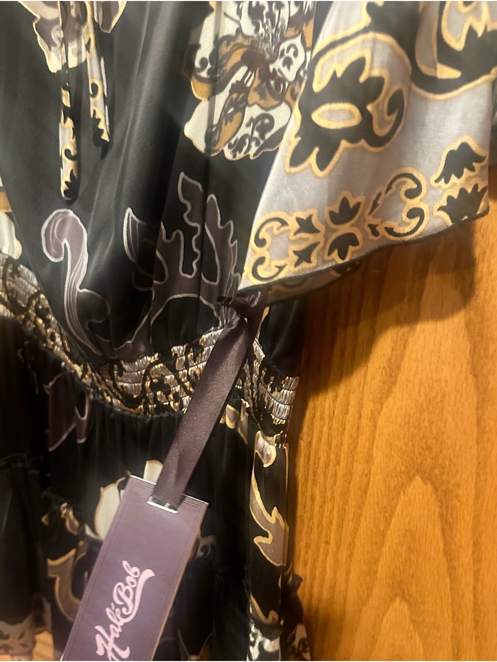 Hale Bob Black and Beige 100% Silk Floral Tie-Neck Tiered Mini Dress NWT XS - Picture 4 of 7